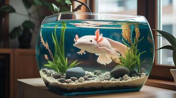 A fish in a fish tank with plants and rocks photo