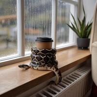 A snake on a window sill with a cup of coffee photo