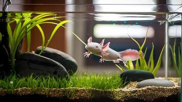 An axolotl in a fish tank with grass and rocks photo