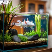 A fish in a small aquarium with plants and rocks photo