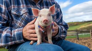 A man holding a small pig in his lap photo