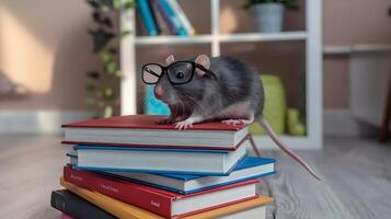 A rat wearing glasses on top of a stack of books photo