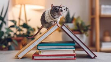 A rat wearing glasses and a sweater on top of a stack of books photo