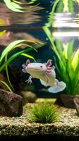 An axolotl is swimming in an aquarium photo