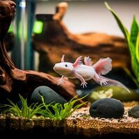 An axolotl is swimming in a tank photo
