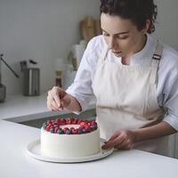 A woman in an apron decorating a cake with berries photo