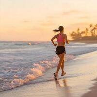 A woman running on the beach at sunset photo