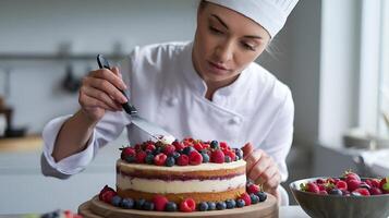 A woman in a chef hat is cutting a cake photo