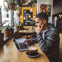 Man working on laptop in cafe photo