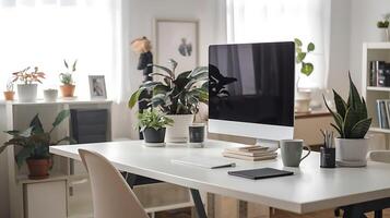 A desk with a computer monitor, a laptop, and a plant photo