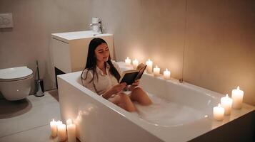 A woman reading a book in a bathtub surrounded by candles photo