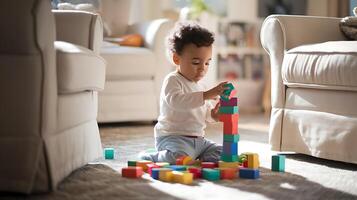 A toddler playing with blocks on the floor photo