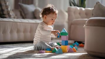 A baby playing with blocks on the floor photo