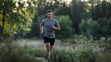 A man is running in the grassy field photo