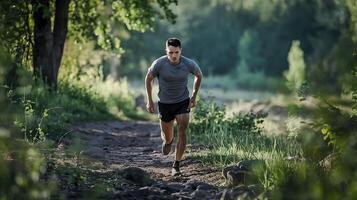A man running on a trail in the woods photo