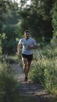 A man running on a path through tall grass photo