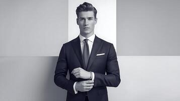 A man in a suit and tie standing in front of a white background photo