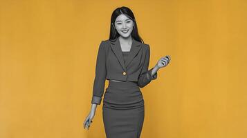 A woman in a business suit is standing on a yellow background photo