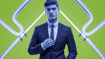 A man in a suit and tie standing in front of a green background photo