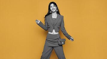 A woman in a suit and purse standing against a yellow background photo