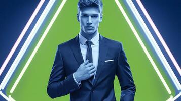 A man in a suit and tie standing in front of a neon triangle photo