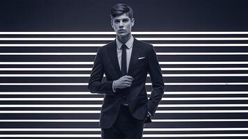 A man in a suit standing in front of a striped background photo
