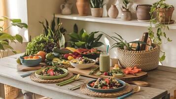 A table with a variety of different types of food photo