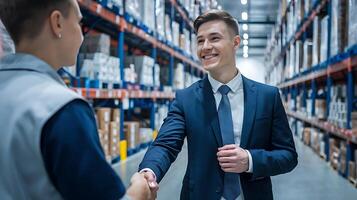 Two men shaking hands in a warehouse photo