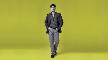 A man in a suit standing on a yellow background photo