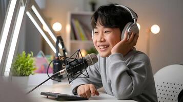 A young boy wearing headphones and smiling while sitting at a desk photo