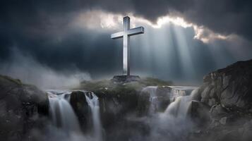 A cross stands on top of a waterfall with clouds in the background photo