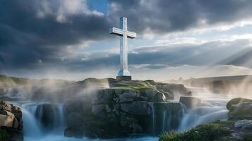A cross stands on top of a waterfall with water flowing down photo