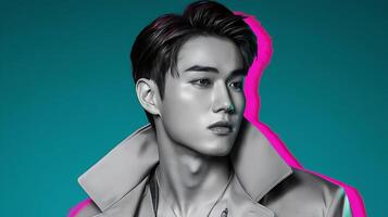 A man with a pink background and a blue background photo