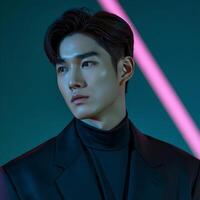 A man in a black suit with a pink light behind him photo