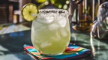 A margarita with lime and ice sitting on a colorful table photo