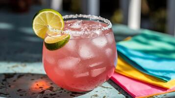 A pink drink with lime and garnish on a table photo