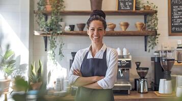 A woman in an apron stands in front of a coffee shop photo