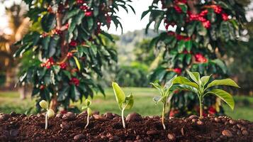 Coffee plants growing in the ground photo