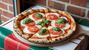 A pizza with tomatoes and cheese on a table photo