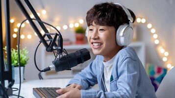 A young boy wearing headphones and smiling while using a computer photo