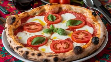 A pizza with tomatoes and mozzarella on top photo