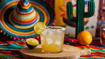 A margarita with lime and cactus on a wooden tray photo