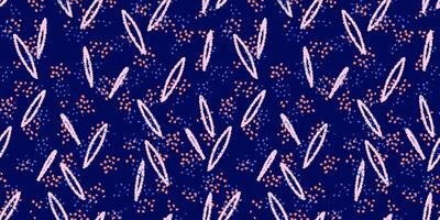 Abstract pattern with hand-drawn pink elongated shapes and scattered dots on a deep navy background. Design for textiles, digital art, and modern design projects. vector