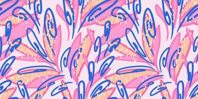 Contemporary seamless pattern with abstract swirling shapes. Unique pink and blue background. hand drawn. Organic shapes, flowing lines, and dynamic composition print. Perfect design vector