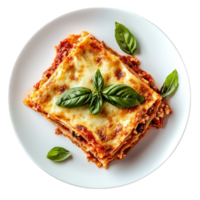 Delicious Lasagna Serving On White Plate With Basil png