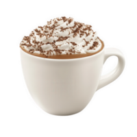 White Mug of Hot Chocolate Topped with Whipped Cream and Chocolate Shavings, on transparent background png