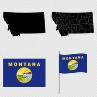 Set of map and map with province, flag and flagpole of Montana state. illustration. vector