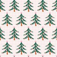 Cute Winter holidays background. Christmas tree ornament on grid backdrop. Vintage style minimalistic Xmas seamless pattern. Flat design illustration. vector