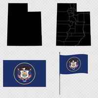 Set of map and map with province, flag and flagpole of Utah state. illustration. vector