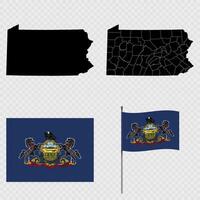 Set of map and map with province, flag and flagpole of Pennsylvania state. illustration. vector